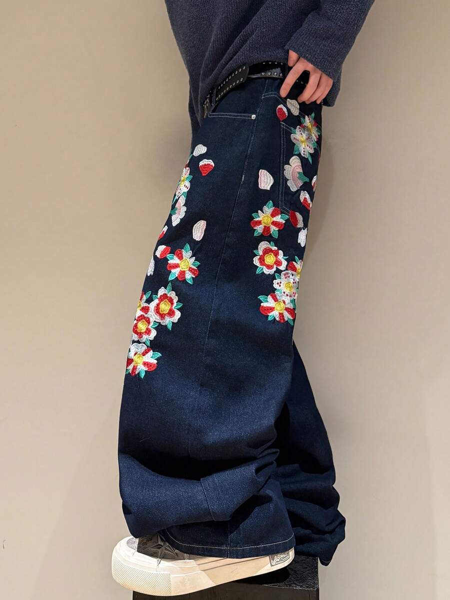 STEELVANCE 复古街头风时尚百搭铆钉设计刺绣宽松直筒休闲牛仔裤 - 藍色 - 查看 1