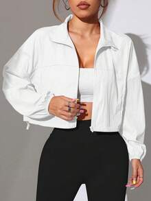SHEIN Dewbera Áo khoác thể thao dệt kim màu trơn dáng casual có dây rút ở gấu áo - trắng - Xem 6