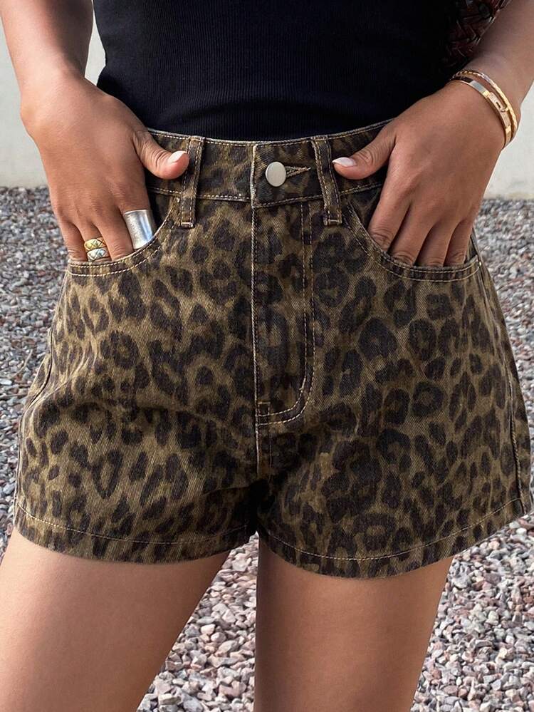 Women's Summer Low Waist Leopard Print Casual Denim Shorts Jorts