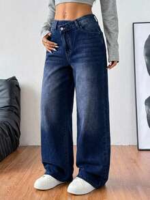 EURMUSE Women's Thick Denim Pants, Oblique Placket, Loose Wide-Leg Jeans, Blue - Dark Wash - View 3