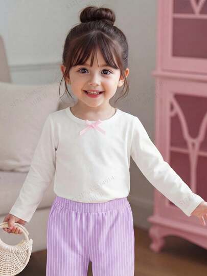SHEIN 3pcs Girls Classic Casual Loose Bow Decor Solid Color Round Neck Long Sleeve T-Shirt, Comfortable & Fashionable, Suitable For Travel, Vibrant, Spring/Autumn