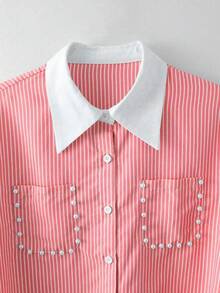 SHEIN LUNE 女士优雅法式串珠条纹派对衬衫 - 彩色 - 查看 3