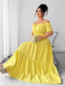 Elenzga Gaun Lengan Pendek Wanita Ukuran Besar Elegan dengan Karet Elastis dan Pinggang Terbuka, Musim Semi/Panas - Kuning - View 7