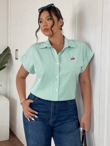 SHEIN Frenchy Plus Size Cherry Striped Single-Breasted Batwing Sleeve Shirt - Green - View 3
