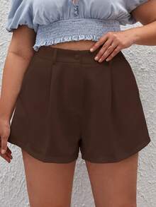 SHEIN Privé Plus Size Solid Color Pleated Loose Casual Versatile Shorts - Burgundy - View 1