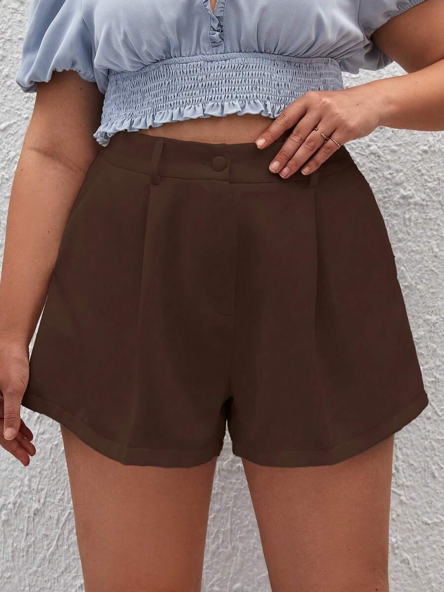 SHEIN Privé Plus Size Solid Color Pleated Loose Casual Versatile Shorts - Burgundy - View 1