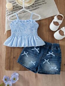 SHEIN Vintaside Kids Adorable Baby Girls Polyester Blue Sleeveless Tank Top And Short Set With Plant Pattern And Bow Details - Blue - View 6