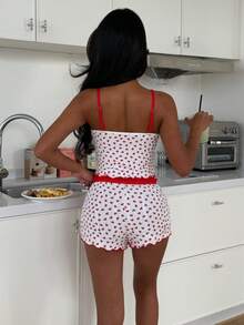 SHEIN 浪漫心形印花蕾丝边修身女士睡衣套装 - 白色 - 查看 2