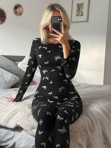 DAZY Charming Butterfly Print Fitted Women Pajama Set - Black - View 1