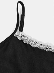 SHEIN Girlism 少女休闲家居服修身蕾丝边吊带背心和阔腿条纹针织裤套装 - 黑色 - 查看 4