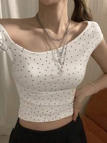 DAZY Women's Tight-Fitting Oblique Shoulder Star Print Full-Print T-Shirt - White - View 1
