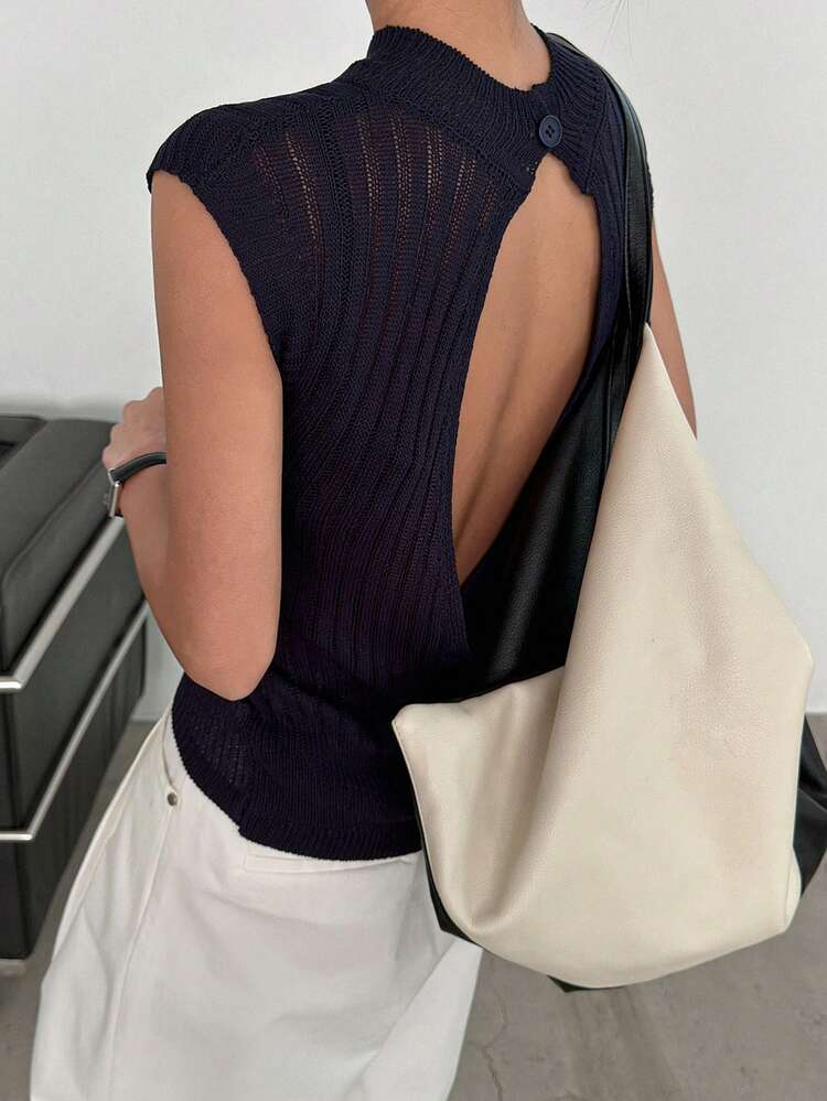 Women's Summer Round Neck Short Sleeve Thin Sheer Backless Sexy Casual Fitted Knit Top