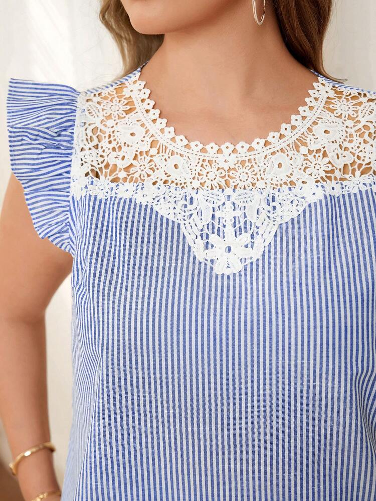Plus Size Women  Blue Contrast Lace Striped Cap Sleeve Shirt And Wide Leg Pants 2 Pieces Set Women Summer 2 Pieces Sets Summer Pant Set Summer Outfit For Women Beach Vacation Outfits Lace 2 Piece Set