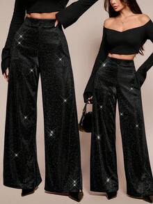 SHEIN PETITE 女士休闲亮面针织高腰阔腿裤 - 黑色 - 查看 1