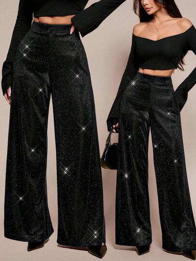 SHEIN PETITE 女性用 カジュアル 光沢ニット素材 ハイウエスト ワイドレッグパンツ