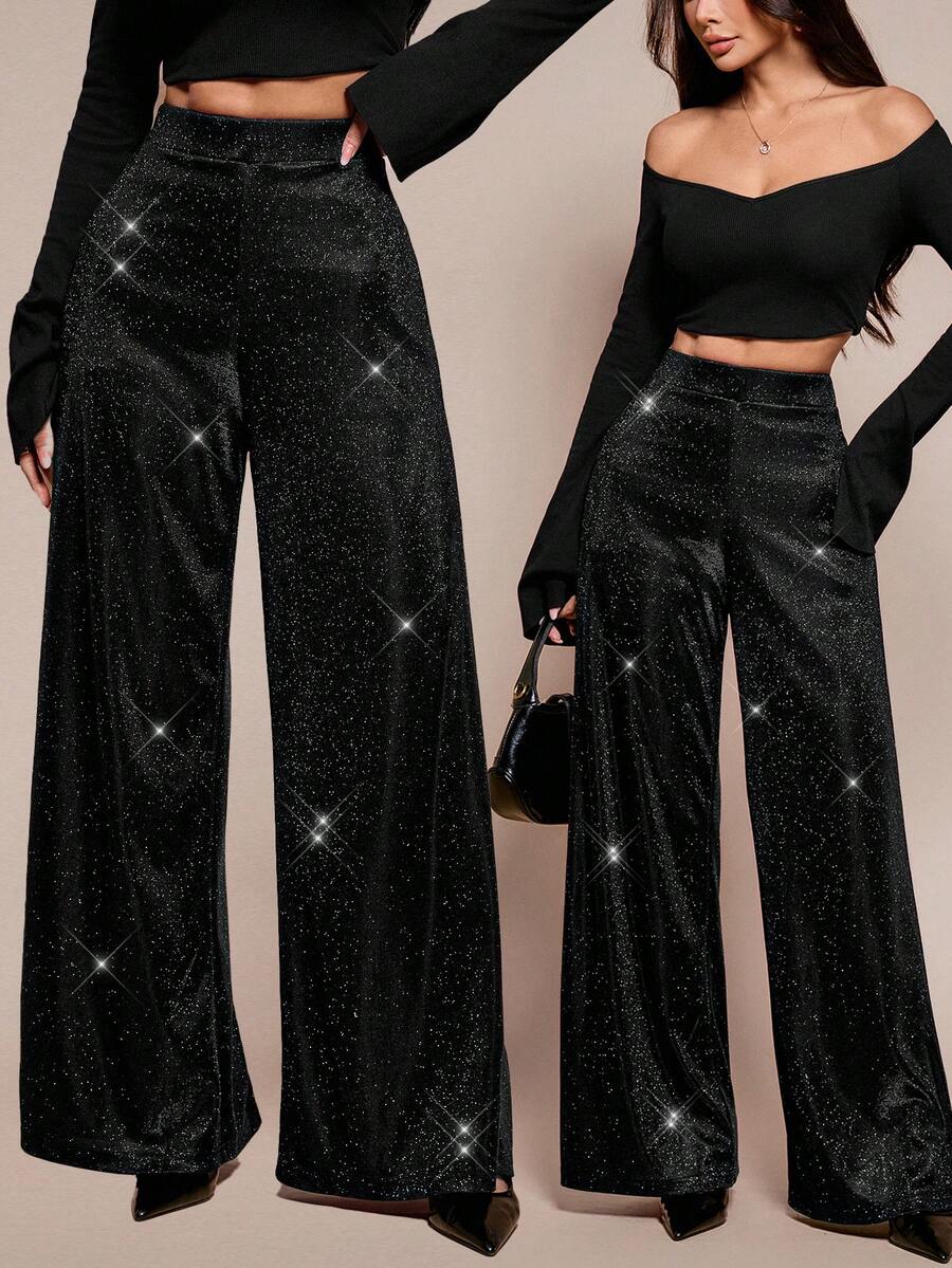 SHEIN PETITE 女士休闲亮面针织高腰阔腿裤 - 黑色 - 查看 1