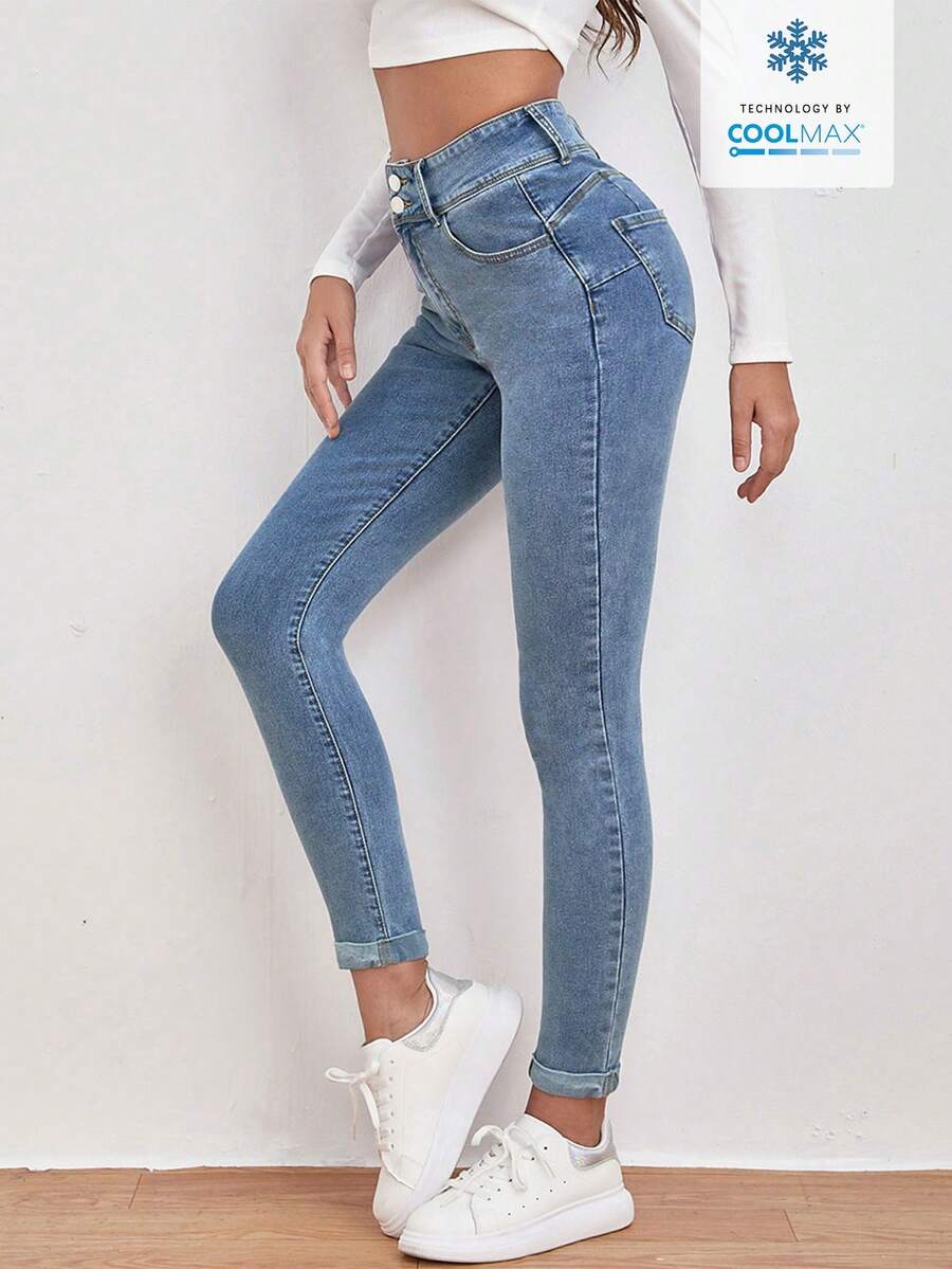 SHEIN LUNE 女士休闲日常通勤修身紧身牛仔裤 - 藍色 - 查看 1