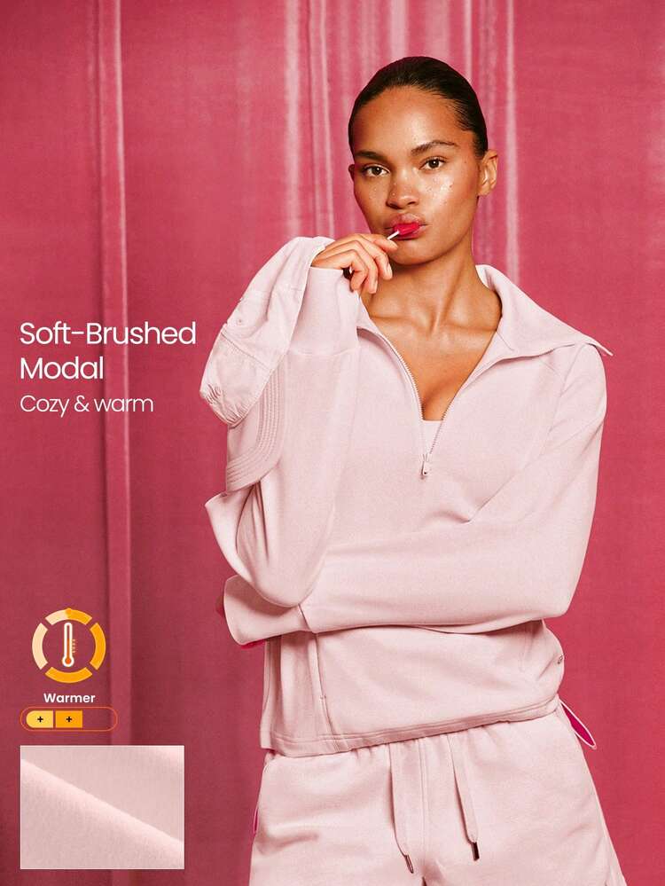 Modal Bequem Ultra-Weich Glatte Locker Sitzende Konturnaht Verstellbarer Saum Reißverschlusstaschen Halber Reißverschluss Pullover Alltäglicher Lässig Trage Herbst Winter