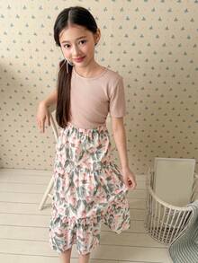 DAZY Bộ đồ mùa hè cho bé gái tuổi teen: Áo thun cổ tròn màu trơn và chân váy maxi cạp chun in họa tiết. - Màu Khaki - Xem 7