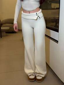 Abrilcols Women's Autumn And Winter Clothing Home Simple Comfortable Sweet Casual Thermal Lined Warm White Double-Layer Waist Design Buttons Asymmetrical Beige Simple Sweater Trousers, Daily Wear,Fall - White - View 3