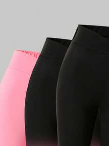 SHEIN ChillGRL 3pcs/Set Tween Girls' Fashionable Black To Pink Ombre Skinny Flare Pants, Versatile Casual Wear For Spring, Summer And Autumn - Multicolor - View 3