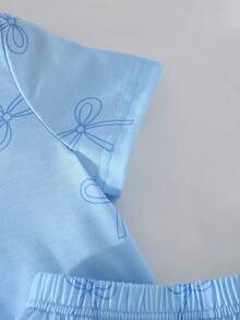 SHEIN Genkimix Kids 2件套 女童休闲甜美日常圆领短袖露脐T恤，带3D蝴蝶结装饰和松紧腰短裤 - 彩色 - 查看 7