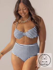 Striped High-Waisted Underwire Bikini Set With Swim Bag, Perfect For Vacations And The 4th Of July, For Summer Outfits And Beach Days - Navy Blue - View 6