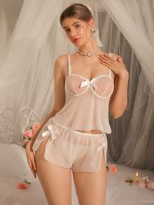 蕾丝蝴蝶结女士睡衣套装 - 白色 - 查看 1