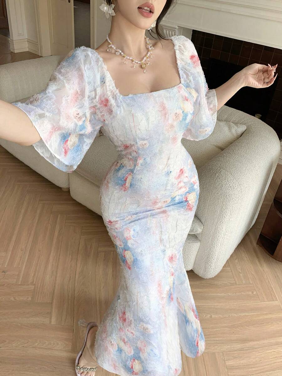 DAZY Women's Elegant Floral Textured Square Neck Fishtail Midi Dress, Summer - Baby Blue - View 1