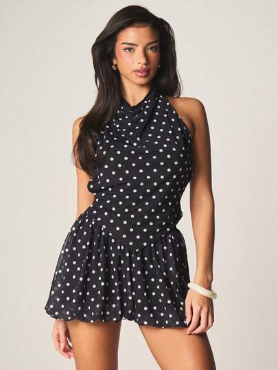 MISSGUIDED Polka Dot Halter Neck Top With Ruffle Shorts Two Piece Coord Set Summer Festival Outfit