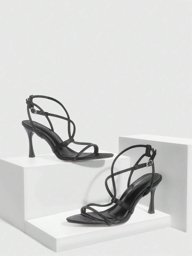 CUCCOO SZL Women Pointed Toe Rhinestone Wrapped Strappy High Heel Sandals, Sexy Glamorous Shiny Silver Party, Event, Club, Festival Shoes For Christmas Spring Shoes