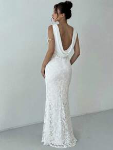 Aloruh Đầm maxi đuôi cá màu trắng thanh lịch, gợi cảm, hở lưng, chất liệu ren, thích hợp cho tiệc tùng, mùa xuân/hè. - trắng - Xem 2