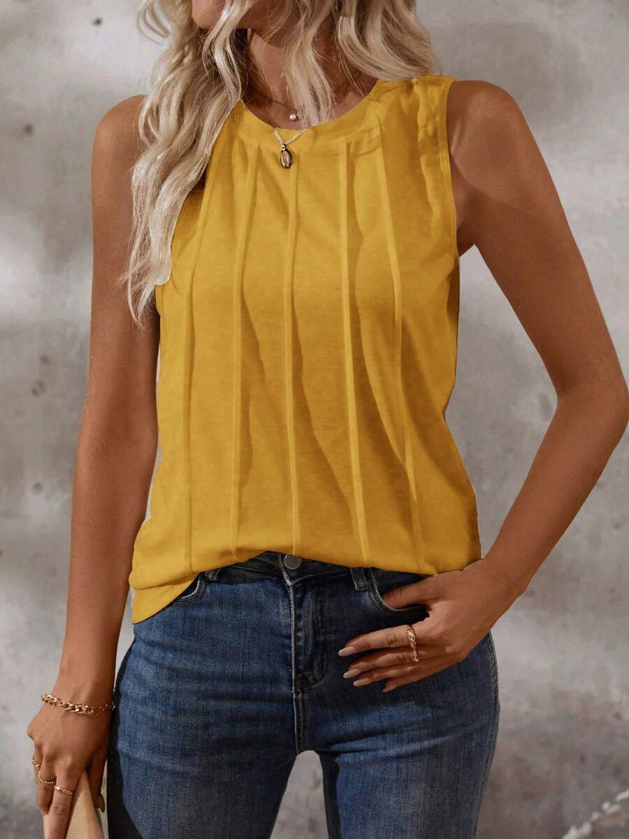 EMERY ROSE Women's Solid Color Round Neck Sleeveless Casual Summer Tank Top - Yellow - View 1