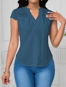 Lunelith SHEIN Lunessa Elegant Lace Patchwork Wave Striped Short Sleeve Women Blouse - Teal Blue - View 7