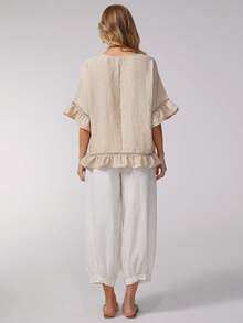 Parysyn Áo sơ mi ngắn tay mùa hè đơn giản, dáng rộng, chất liệu vải dệt trơn, thoải mái. - Màu Khaki - Xem 2