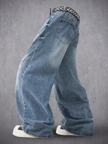 Manfinity Denimwave Jeans casuales de corte recto y suelto con lavado claro, estampado gráfico de ángel láser, estilo callejero, /verano - Azul - Ver 7