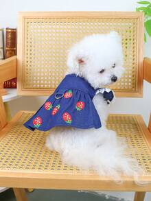 PETSIN 1件猫狗通用服装，草莓蓝刺绣蕾丝袖连衣裙，带牵引环，宠物春季公主裙 - 藍色 - 查看 4