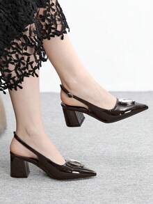 CUCCOO BIZCHIC Women's Rhinestone Buckle Chunky Heel Pumps, Spring/Summer Spring Shoes - Dark coffee - View 1