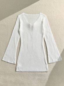 Teen Girls White Everyday Casual Long Sleeve V Neck Semi Sheer Cover Up - White - View 2