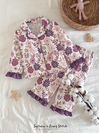 Cozy Pixies 女童印花撞色翻领长袖开衫和松紧腰裤两件套