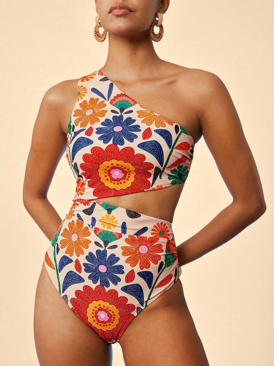 Travachic 女士彩色花卉图案休闲镂空连体沙滩装 - 彩色 - 查看 1