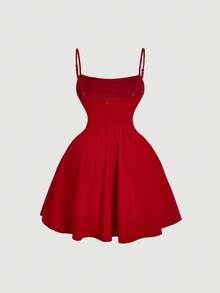 SHEIN MOD 大码纯色褶皱吊带白色夏季连衣裙 - 紅色 - 查看 2