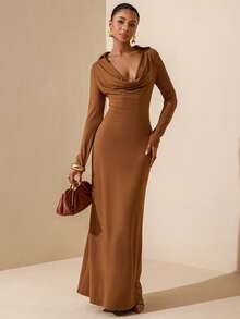 Vesra Women's Elegant Sexy Draped Neck Long Sleeve Fitted Dress - Brown - View 6