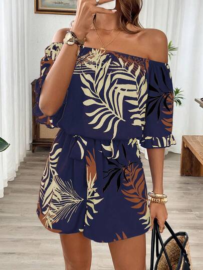 Breezaya Ruffled Sleeve Cinched Waist Off Shoulder Hawaiian Style Romper
