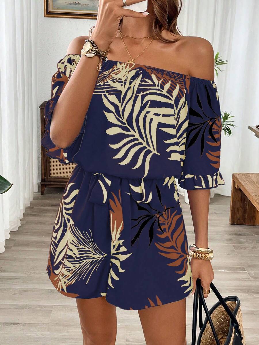 Breezaya Ruffled Sleeve Cinched Waist Off Shoulder Hawaiian Style Romper Women Vacation  Jumpsuits Off Shoulder Summer  Jumpsuits Hawaii Outfits Women  Jumpsuits Tropical Romper Tropical Vacation  Jumpsuits - Multicolor - View 1