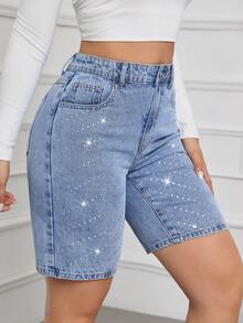 SHEIN Tall 夏季高个女士派对、休闲、假日、度假闪亮水钻设计水钻装饰口袋修身时尚牛仔短裤 - 中等水洗藍 - 查看 5
