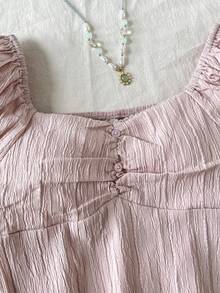 SHEIN Áo sơ mi tay ngắn raglan xếp ly đơn giản dành cho bé gái tuổi teen, kiểu dáng thường ngày. - Màu Hồng baby - Xem 3