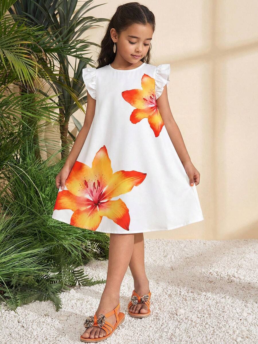 SHEIN 少女款编织花卉图案休闲圆领连衣裙 - 白色 - 查看 1