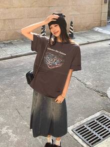 DAZY 女士极简印花圆领短袖T恤 - 灰色 - 查看 5