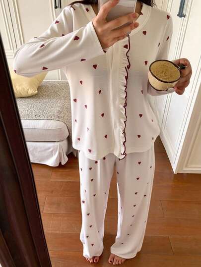 DAZY 2pcs Women Loose Frill Trim Heart Shaped Cardigan And Pants Pajama Set, Spring/Autumn